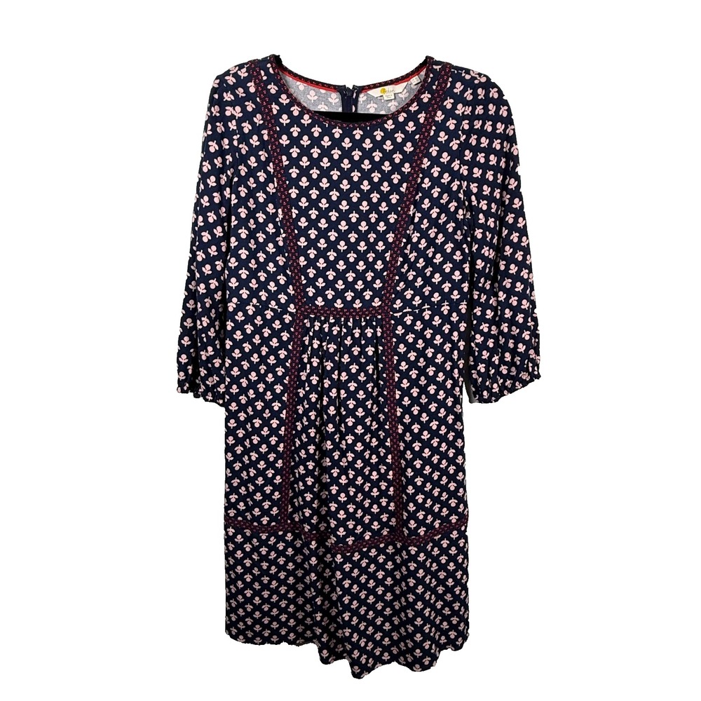 Boden Navy Blue Pink Floral Embroidered Dress 3/4 Sleeve US 8 Long
